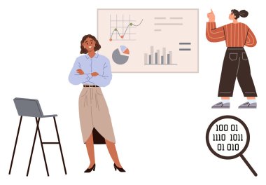 Meslektaşım analizlere dikkat çekerken iş kadını veri tablosunun yanında duruyor. İkili verileri vurgulayan dizüstü bilgisayar ve büyüteç içerir. Takım çalışması, analiz, işbirliği için ideal.