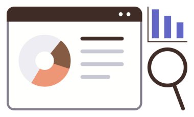 Bir pasta grafiği, bar grafiği, metin listesi ve büyüteç içeren dijital arayüz. Veri analizi için ideal, istatistik incelemesi, SEO, büyüme takibi, pazar araştırması içgörüleri basit düz metafor
