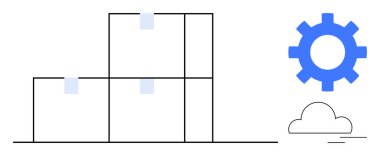 Toplanmış kutular ve bulut anahatları teknoloji, depolama ve sistemleri sembolize ediyor. Lojistik, bulut hesaplama, depo yönetimi, yenilik, organizasyon, verimlilik için ideal