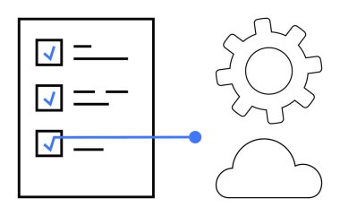Mavi işaretli görev listesi, bir vitese ve bir buluta bağlanan hat. Üretkenlik, organizasyon, otomasyon, iş akışı, bulut hesaplama, sistem entegrasyonu için ideal, basit düz metafor