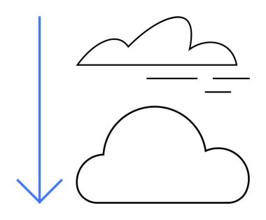 Bulutların yanındaki aşağı ok veri transferini, bulut hesaplamasını veya indirme işlemini öneriyor. Teknoloji, internet, ağ, depolama, hız, bilgi paylaşımı için ideal basit düz metafor