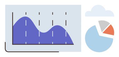 Bir bulut tasarımı altında segmentli pasta grafiğinin yanında veri eğilimlerini gösteren çizgi çizelgesi. Analiz, raporlar, finans, planlama, strateji, performans izleme ve teknoloji için ideal. Basit düz