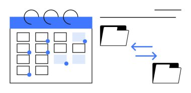 Olaylarla dolu takvim ızgarası, veri alışverişini gösteren oklarla bağlanmış iki dosya dizini. Zamanlama, organizasyon, işbirliği, üretkenlik, planlama, dosya paylaşımı, takım çalışması için ideal