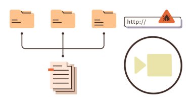 Belgelere bağlı dizin hiyerarşisi, kötü amaçlı yazılım uyarısı içeren web adresi ve daire içinde video oynatma düğmesi. Siber güvenlik, belgelendirme, veri yönetimi, çevrimiçi güvenlik, virüs koruması, web için ideal