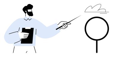 Pano tutan kişi, sunum için sopayla dairesel diyagrama bakıyor. Eğitim, eğitim, analitik, planlama, takım çalışması, seminerler, basit düz metaforda iletişim için ideal