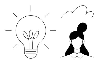 Parlak çizgileri olan bir ampul, kadın başı profilde, soyut bulut. Yaratıcılık, yenilik, beyin fırtınası, fikirler, kişisel büyüme vizyonu minimalizmi için idealdir. Basit düz metafor