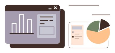 Veri analizi için bar çizelgesi, pasta grafiği ve arayüz elemanlarını içeren analitik gösterge paneli. Sunumlar, iş raporları, piyasa araştırmaları, eğitim, finans, takım çalışması için ideal basit bir daire