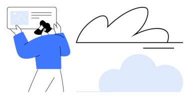 Stilize bulutlar, teknoloji, veri depolama, takım çalışması, yaratıcılık, sanal iletişim, uzaktan işbirliği ve dijital dönüşümü temsil eden dijital bir sunumla meşgul olan kişi. A