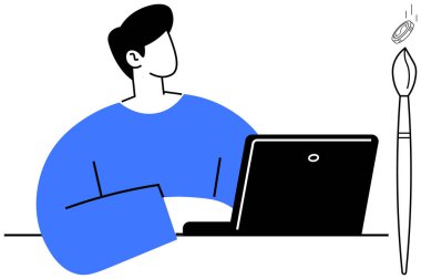 Masada oturan kişi dizüstü bilgisayar, büyük boy boya fırçası ve yakınlarda yüzen bozuk para kullanıyor. Yaratıcılık, yenilik, uzak çalışma, beyin fırtınası, tasarım düşünme, dijital sanat, basit düz metafor