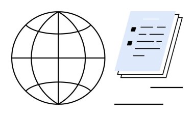 Dünya çapındaki iletişimi, dosya paylaşımını ve kayıt yönetimini simgeleyen belge yığını ile dünya ana hatları. İş, eğitim, işbirliği, teknoloji, küreselleşme için ideal basit veri düzeyi