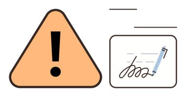 Kalem ve imzalı belgenin yanında ünlem işareti olan turuncu üçgen uyarı işareti. Güvenlik, ihtiyat, uyum, belge incelemesi, imza onayı, sözleşmeler, yasal sorumluluk için ideal