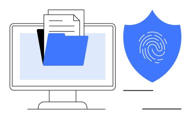 Masaüstü ekranında, üzerinde parmak izi olan bir kalkanın yanında açık klasör ve belgeler var. Veri güvenliği, dosya depolama, gizlilik, siber güvenlik, teknoloji, kişisel kimlik, güvenlik için ideal