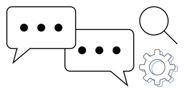 Elips, büyüteç ve teçhizatlı konuşma baloncukları. İletişim, fikirler, araştırma, işbirliği, yenilik, iş akışı sorunları için ideal. Basit düz metafor