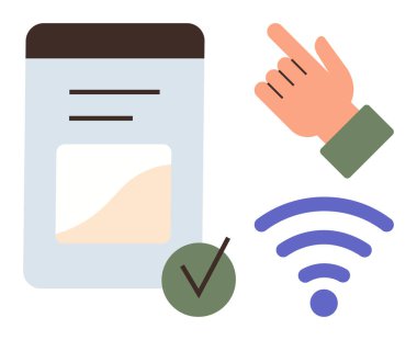 Cihaz ekranına el gösterimi, kablosuz bağlantı simgesi, tamamlama için kontrol işareti. İletişim, teknoloji, erişim, doğrulama, bağlantı etkileşimi öğrenme için idealdir. Basit düz