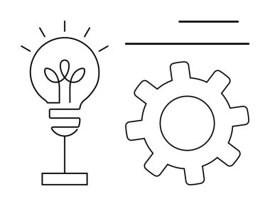 Çizgileri olan ampuller fikirleri akla getiriyor, süreçleri ve mekanik çalışmaları temsil eden bir dişliyi andırıyor. Yenilik, yaratıcılık, süreç, sorun çözme, verimlilik, planlama, takım çalışması için ideal