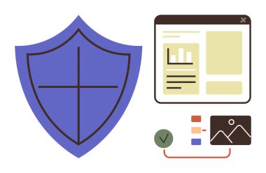 Grafikler, mesajlar, görseller ve onay işareti olan gösterge panelinin yanında kalkan sembolü. Güvenlik, veri koruması, analitik, güvenlik, dijital bütünlük için ideal Çevrimiçi güven basit düz metafor