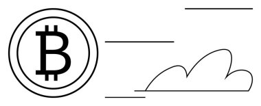 Soyut bulut ve kinetik çizgilere sahip Bitcoin sembolü hareket, büyüme ve dijital ilerlemeyi işaret ediyor. Kripto para birimi, fintech, engelleme zinciri, sanal ödemeler, yenilik, ekonomi sade
