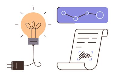 Elektrik kablolu ampul, veri grafiği ve yenilik, analitik, yaratıcılık, dijital sözleşmeler, teknoloji, ilerleme dijitalleşmesini temsil eden imzalı belge. Modern konsept işi için ideal