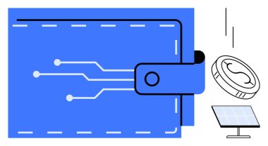 Devre tasarımı yapılmış mavi dijital cüzdan, kriptoyu temsil eden bozuk para, güneş paneli. Fintech, engelleme zinciri, enerji, yenilik, sürdürülebilirlik yeşil teknoloji ekonomisi için idealdir. Basit düz