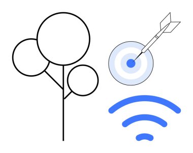 Basit ağaç hattı sanatı, kablosuz sinyal ve dartın hedefi vurması doğa, bağlantı ve hassasiyeti birleştirdi. Sürdürülebilirlik, yenilik, büyüme, bağlantı ortamı için ideal