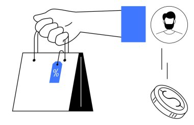 Mavi indirim etiketli el çantası, madeni para ve müşteri avatar dairesi e-ticaret, satış, indirim, pazarlama, müşteri sadakati, perakende satış, tüketici odaklı. En düşük düz tasarım