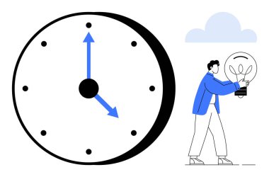 Mavi çizgili elleri olan dev bir saat ve bulutun yanında parlayan bir ampul tutan biri. Zaman yönetimi, yaratıcılık, yenilik, üretkenlik, planlama, beyin fırtınası, iş hayatı için ideal