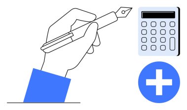 Hesap makinesi ve artı işareti ile el ele tutuşan kalem hesaplamayı, yaratıcılığı, verimliliği ve problem çözmeyi sembolize eder. Finans, öğrenim, organizasyon, beyin fırtınası, yenilik analizi için ideal