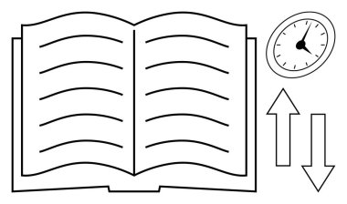 Yatay çizgileri, analog saati, yukarı ve aşağı okları olan kitabı aç. Eğitim, öğrenim, zaman yönetimi, bilgi paylaşımı, verimlilik çalışma programları ve yaratıcılık için idealdir. Basit.