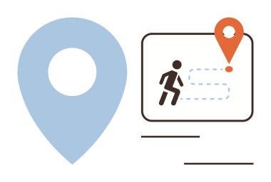 Hedefe doğru giden noktalı bir yolu takip eden bir şekil gösteren büyük mavi konum işaretleyicisi. Navigasyon, seyahat, lojistik, fitness, yol bulma, uygulamalar ve kullanıcı rehberliği için idealdir. Basit.