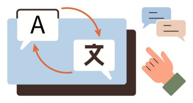 Oklar konuşma baloncuklarıyla dil sembollerini birleştiriyor. El hareketleri diyalog kutularına doğru. Küresel iletişim, dil öğrenme, teknoloji, yapay zeka, çeviri, eğitim ekibi çalışması için idealdir. Basit.