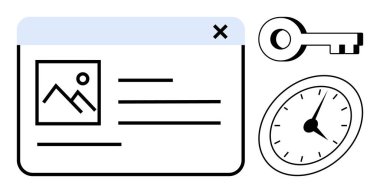 Web arayüzü parçası bir resim ve metin, zamanı sembolize eden bir saat ve güvenliği temsil eden bir anahtar. Temalar için ideal erişim, üretkenlik, tasarım, teknoloji, kullanıcı arayüzü