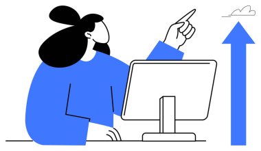 Masada oturan bir kadın, monitörle yukarıya doğru bakan bir ok ve küçük bir bulut. İş büyümesi, kariyer ilerlemesi, gelecekteki vizyon, hedef belirleme, liderlik, yenilik, motivasyon için ideal