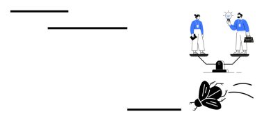 Yenilikleri dengeleyen ve tahterevalli, yükselen yollar ve vızıldayan bir sinek üzerinde çalışan iki insan. Takım çalışması, yenilik, meydan okuma, denge, büyüme stratejisi ve yaratıcılık için ideal. Basit düz metafor