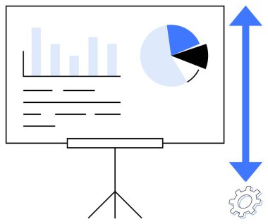 Çubuk grafik, pasta grafiği ve vitesli ve dikey oklu bir projektör ekranında metin. İş stratejisi, analitik, büyüme, yenilik, takım çalışması, basit düz metafor planlaması için ideal