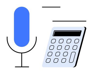 Dijital hesap makinesinin yanında basit çizgileri olan mavi bir mikrofon. Teknoloji için ideal, ses girişi, dijital araçlar, otomasyon, muhasebe, yenilik, verimlilik. Minimalist düz metafor