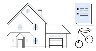 Simetrik tasarımı olan bir ev, garaj, baca, istiflenmiş kağıtlar ve kirazlar. Gayrimenkul, sözleşme, ev sahipliği, minimalizm hukuki terimler mülkiyet yönetimi için ideal basit düz metafor