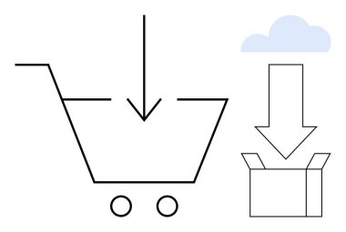 Aşağı doğru ok olan alışveriş arabası, yakınlarda benzer bir okla açılan kutu ve bulut elementi. E-ticaret, sipariş işleme, dağıtım, lojistik, bulut depolama, modern perakende sade daire için ideal