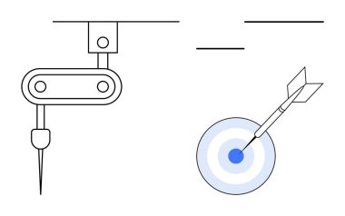 İğne ve dart dartıyla hedef merkezini vuran otomatik robotik kol. Yenilik, kesinlik, teknoloji, otomasyon, doğruluk, mühendislik ve hedef belirleme için idealdir. Basit düz metafor