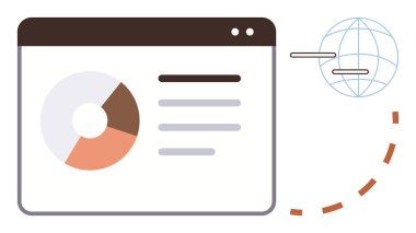 Bir küreye bağlı pasta grafiği ve metin gösteren tarayıcı penceresi. Veri analizi, küresel ulaşım, iş büyümesi, web gelişimi, dijital trendler, iletişim asgari tasarım için ideal. Temiz daire