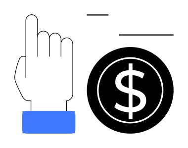 Bir dolar işaretli madeni paranın yanı sıra yukarı bakan el, mali etkileşimi, ödemeyi ya da parasal kararları sembolize eder. Konseptler için ideal iş, finans, e-ticaret, ticaret, zenginlik