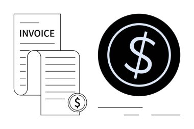 Detaylı çizgiler ve yanında bir dolar işareti olan fatura belgesi. Siyah çemberde dolar işareti. Finans, muhasebe, iş, ödemeler, faturalar, harcamalar, ticaret için ideal konut