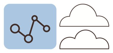 Mavi karede bağlı düğümler ve çizilmiş iki bulut simgesiyle ağ diyagramı. Teknoloji, veri analizi, ağ oluşturma, bulut hesaplama, bağlantı, yenilik, dijital trendler için idealdir. Basit.
