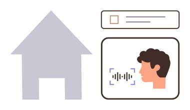 Bir evin silueti, ses tanıma arayüzü ses dalgaları ve bir adamın profili. Ev otomasyonu, yenilik, teknoloji, akıllı yaşam, kullanıcı deneyimi, iletişim, kontrol için ideal