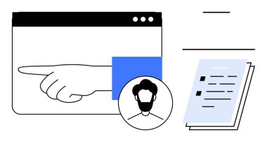 Bir web tarayıcı penceresine, kullanıcı avatarına ve kontrol listesi belgelerine el işaretleyerek. Görev yönetimi, kullanıcı arayüzü, dijital iş akışı, karar verme süreci, takım işbirliği, çevrimiçi profiller için ideal