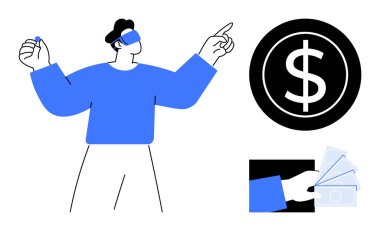 VR kulaklık takan, el kol hareketi yapan, dolar işareti yapan, el ele tutuşan bir adam. Finans, sanal gerçeklik, fintech, yenilik, dijital para birimi, nakitsiz ekonomi teknolojisi temaları için ideal