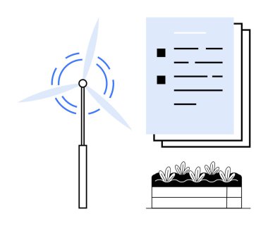 Rüzgar türbini, belgeler ve yenilenebilir enerji, çevre dostu tarım, uyum, araştırma, eğitim, strateji, sürdürülebilirlik için çağdaş minimum metafor öneren bitkilerle dolu bir bahçe yatağı.