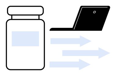 Bilgi alışverişini temsil eden üç yönlü ok vasıtasıyla dizüstü bilgisayara bağlı ilaç şişesi. Sağlık, teknoloji, veri yönetimi, yenilik, tıbbi araştırma, bilişim entegrasyonu için ideal