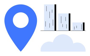 Mavi lokasyon iğnesi, bar grafiği büyümeyi gösteriyor ve bulut veriyi, analizi ve teknoloji entegrasyonunu sembolize ediyor. Konum verileri, bulut hesaplama, iş büyümesi, dijital dönüşüm için ideal
