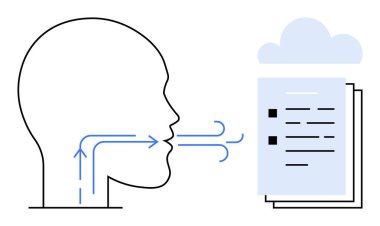Bir belgeye ve buluta doğru konuşma akışını gösteren oklarla konuşan insan silueti. İletişim için ideal, yapay zeka, ses asistanı, dil anlayışı, bulut depolama, veri işleme, teknoloji