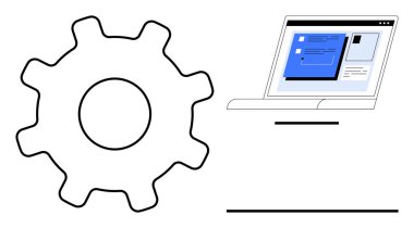 Gösterge panelini gösteren dizüstü bilgisayarın yanında verimli iş akışları, sistem optimizasyonu ve entegrasyon kavramlarını ön plana çıkarır. Teknoloji, geliştirme, yenilik, planlama, üretkenlik, iş için ideal